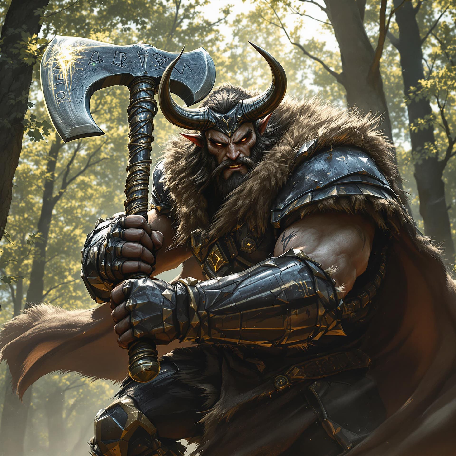 AI generated: A handsome-faced Minotaur barbarian warrior, clad in battered black chrome armor, charges forward in...