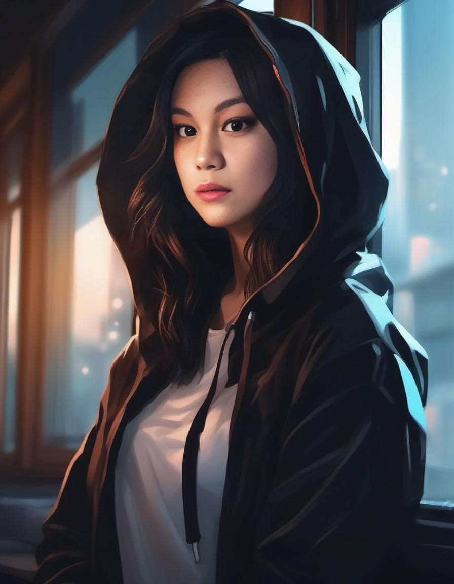 AI generated: half body portrait of a beautiful girl by a window, hoodie, dynamic lighting, shadows, sultry, anime...