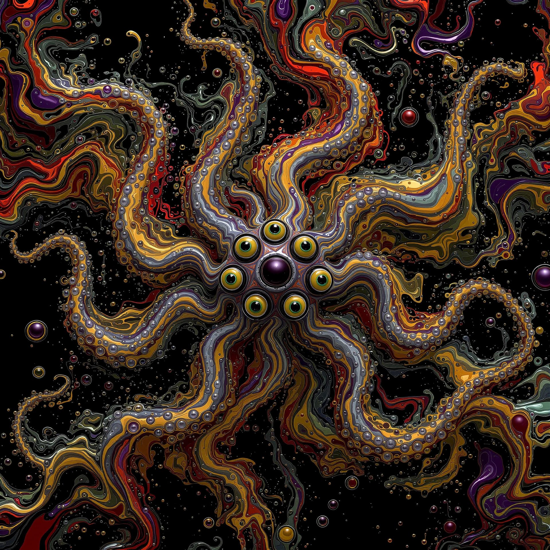 AI generated: 3D render newly discovered lifeform with 10 eyes and octopus tentacles, freeform fractal droplets, f...
