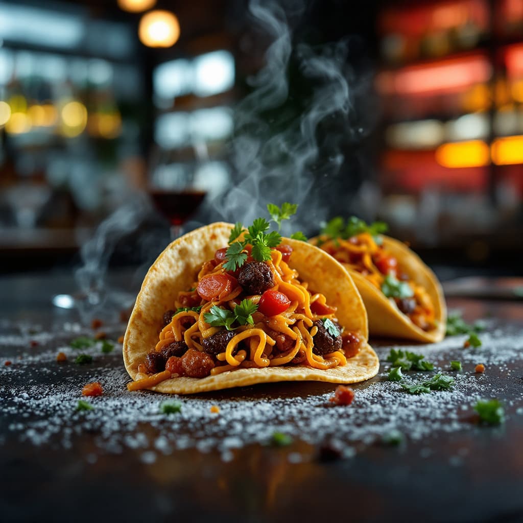 AI generated: 
Capture a delicious  tacos food in close-up, exuding tempting appeal, at a 3 MICHELIN star restaura...