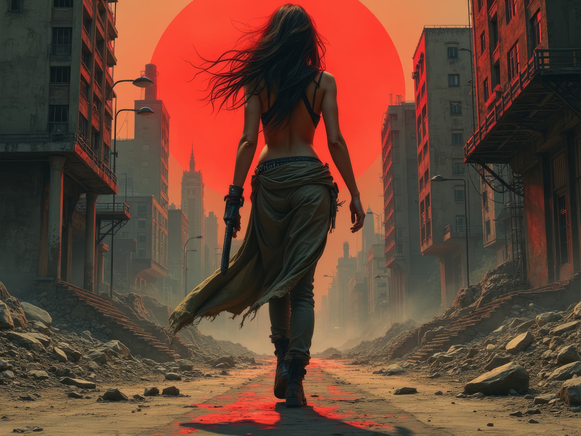 AI generated: High contrast artwork, brutalism, fierce woman in post-apocalyptic world. Dystopian cityscape, gritt...