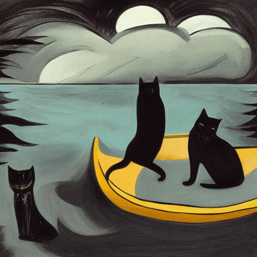 AI generated: Tove Marika Jansson style : : storm, night, 
one black cat in a kayak : : --hd