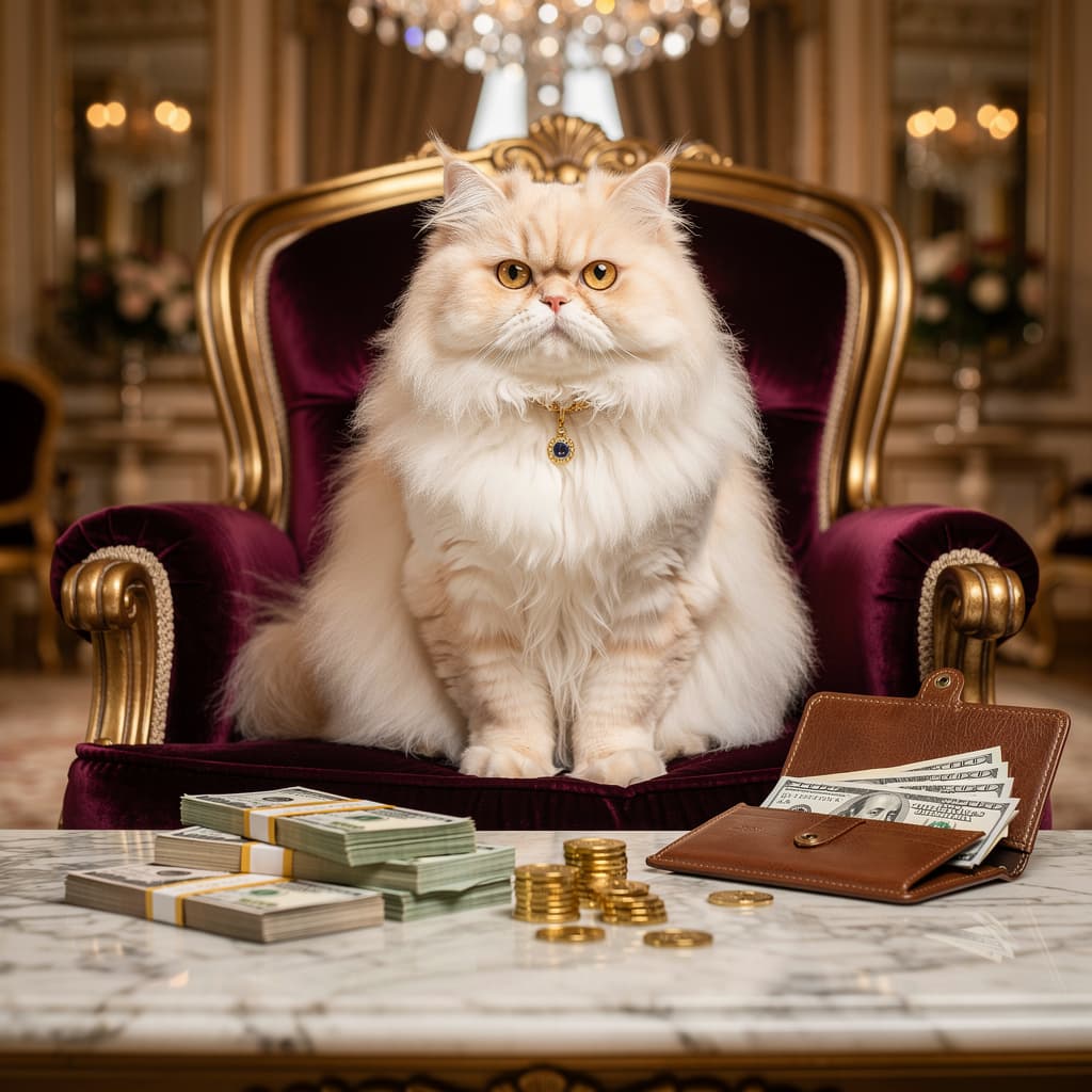 AI generated: A persian cat and its rich and has mony 