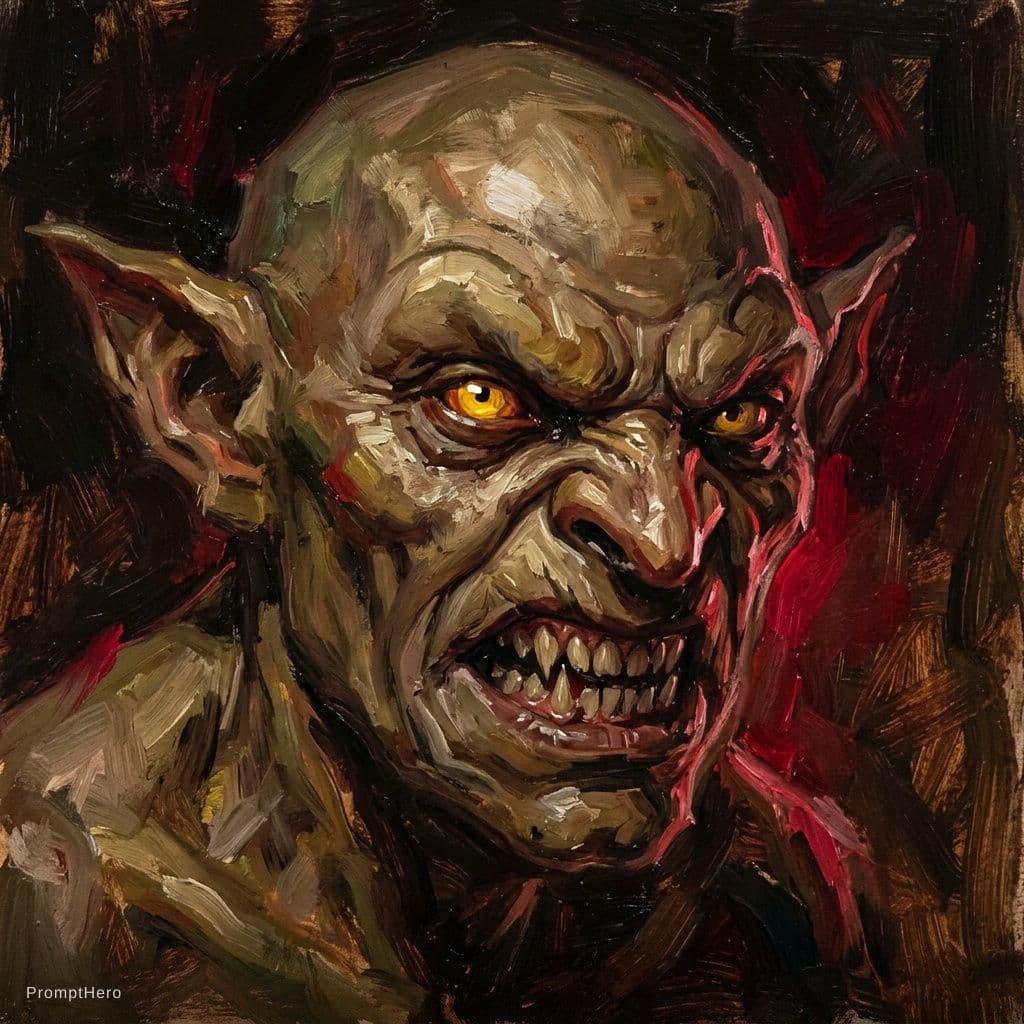 AI generated: Render an intense, tightly cropped portrait study of a sinister goblin creature, its feral features ...