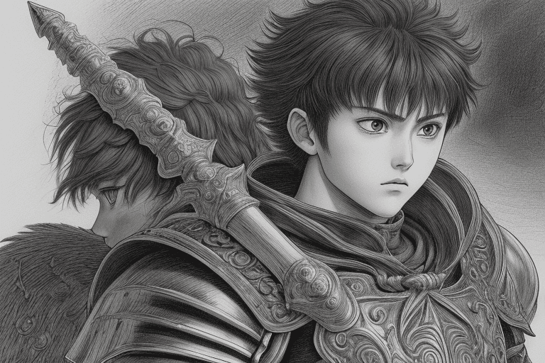 AI generated: monochrome, a little boy, brown hair with tuft, in golden armor, manga, ((without helmet)), berserk ...