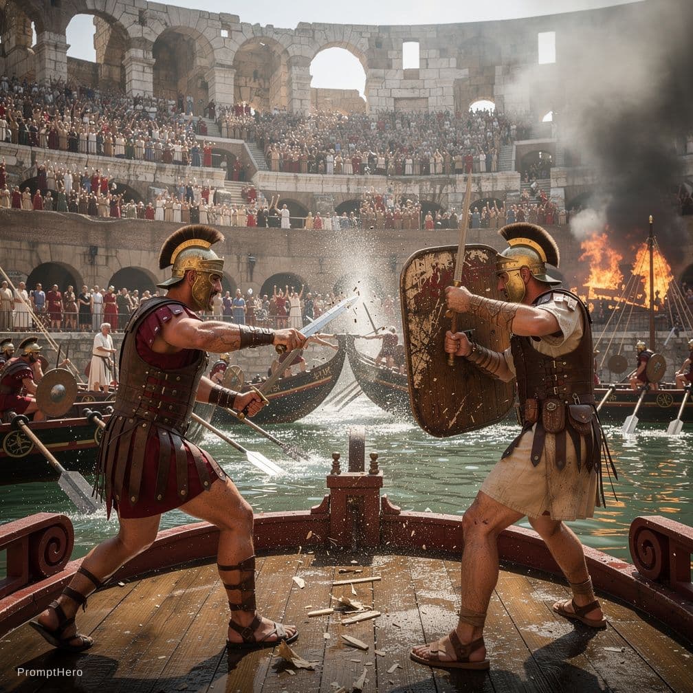 AI generated: Ultra-photorealistic historical scene, shot like a real movie still. Ground-level perspective inside...