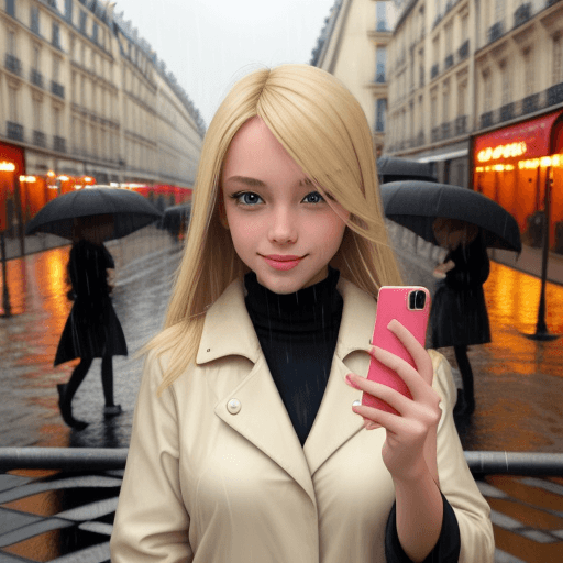 AI generated: blonde girl, taking selfie in paris on a rainy day