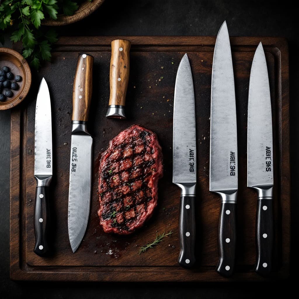 AI generated: Darker photography of different sizes clean steak knives on big wooden cutting board with nicely gri...