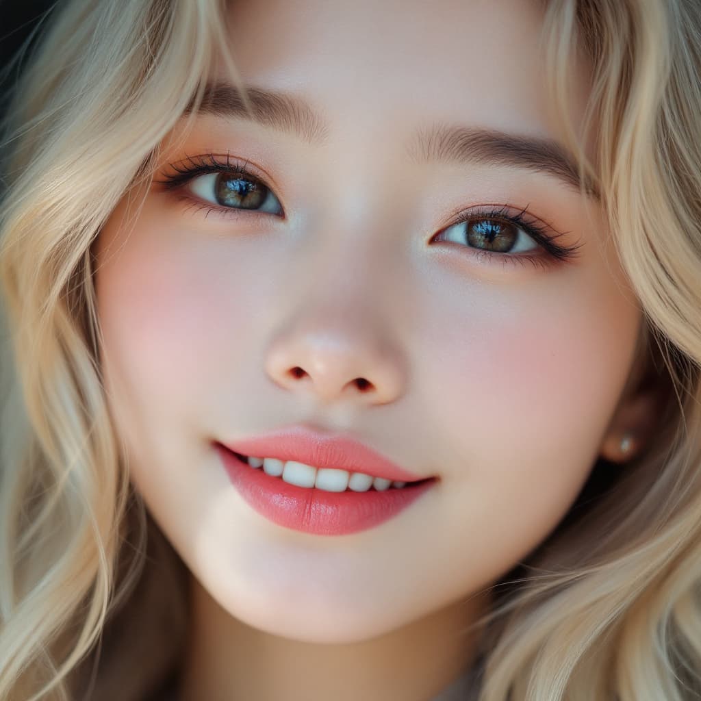 AI generated: extremely close up portrait, 18 years old Korean girl, the Hime cut blonde hair, pink lips, smiling ...