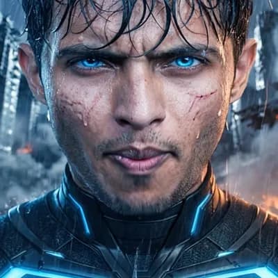 AI generated video: Ultra realistic cinematic superhero standing in darkness during heavy rain. 
Only glowing eyes visib...