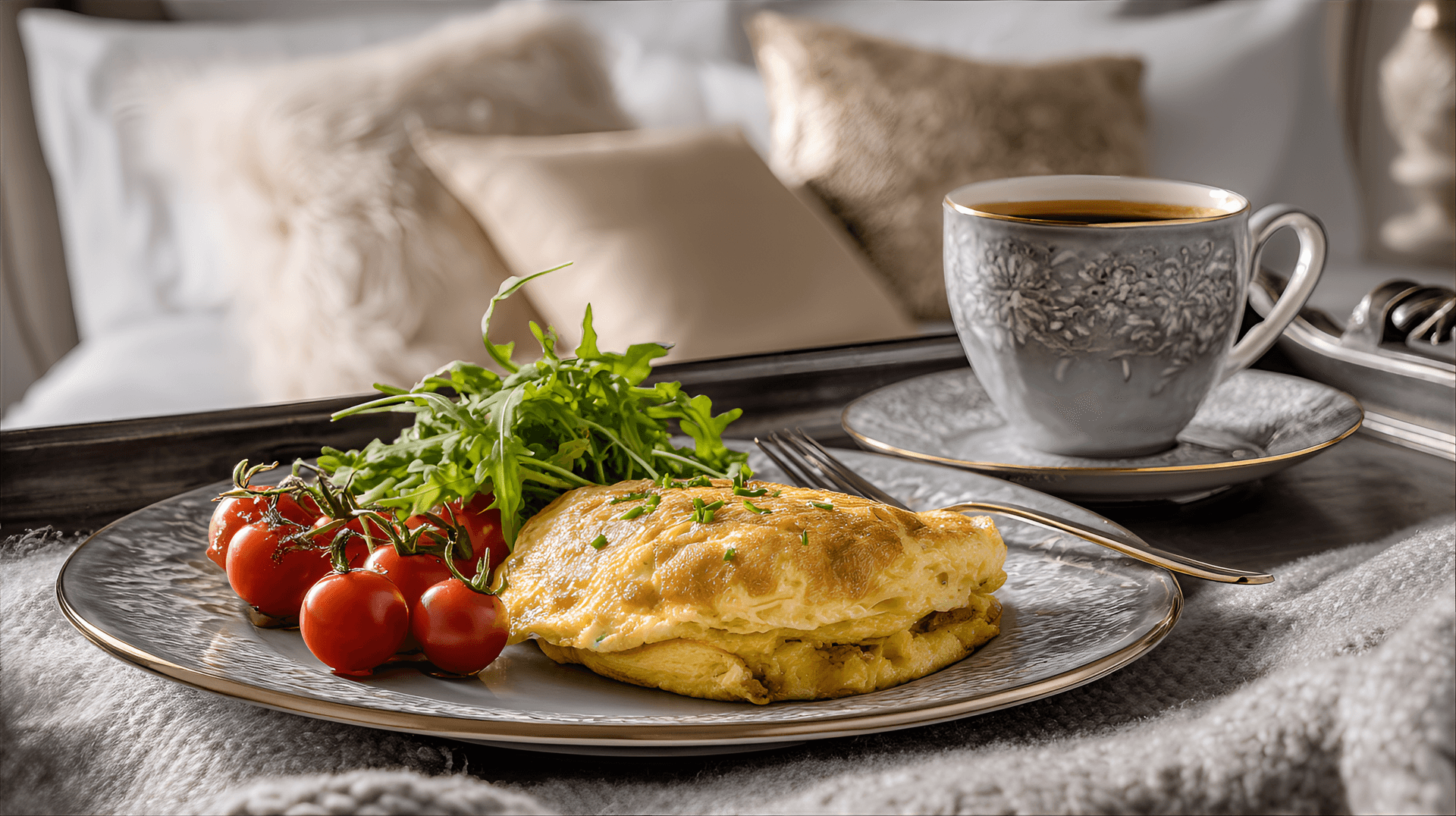 AI generated: 
stunning food photography of an An elegant breakfast in bed scene, with a tray holding a fluffy om...