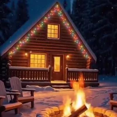 AI generated video: A snowfall comes down on a cozy cabin in the woods with a cackling fireplace in front of the cabin, ...