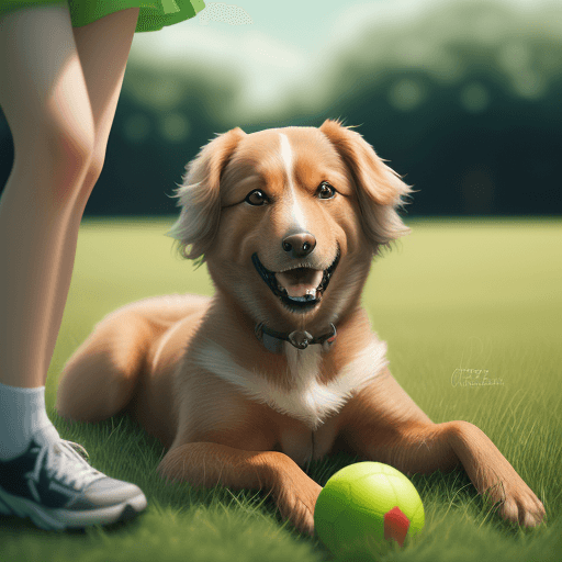 AI generated: Photorealistic Image of a Dog with ball and a Girl, in Green Field, Soft Focus, High Resolution (4K)...