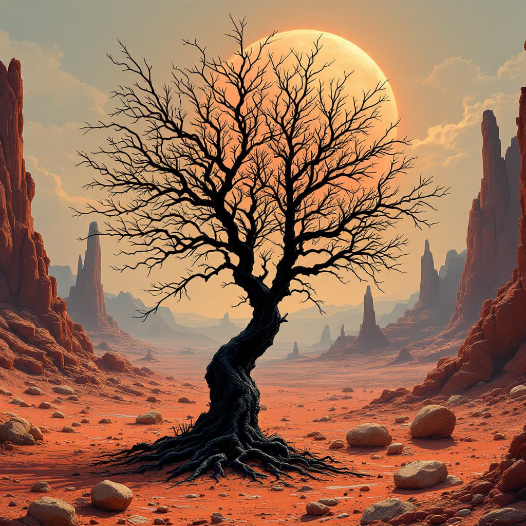 AI generated: A black leafless tree in the foreground, on an alien planet with strange rock formations and a red d...