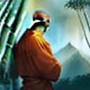 AI generated: A mystical scene featuring a monk standing before a Shaolin Monastery backdrop. bamboo trees