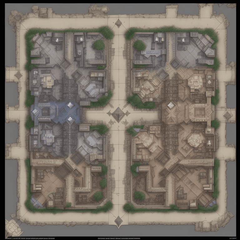 AI generated: full - color fantasy floor plan battle map of a city block, 4 entrances, a courtyard, d & d, pathfin...