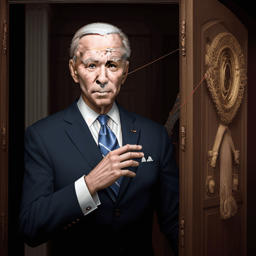 AI generated: High resolution Biden as a marionette with strings leaving through the door ; 8k, intricate detail,