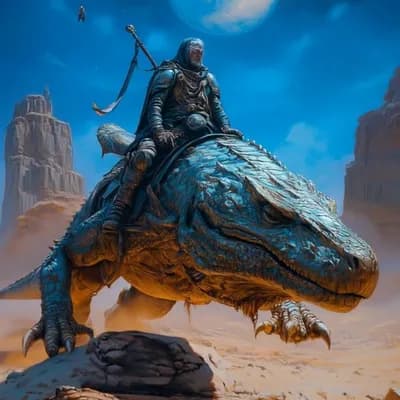 AI generated video: A man riding a giant lizard, the lizard runs in front of the camera, clouds move across the sky