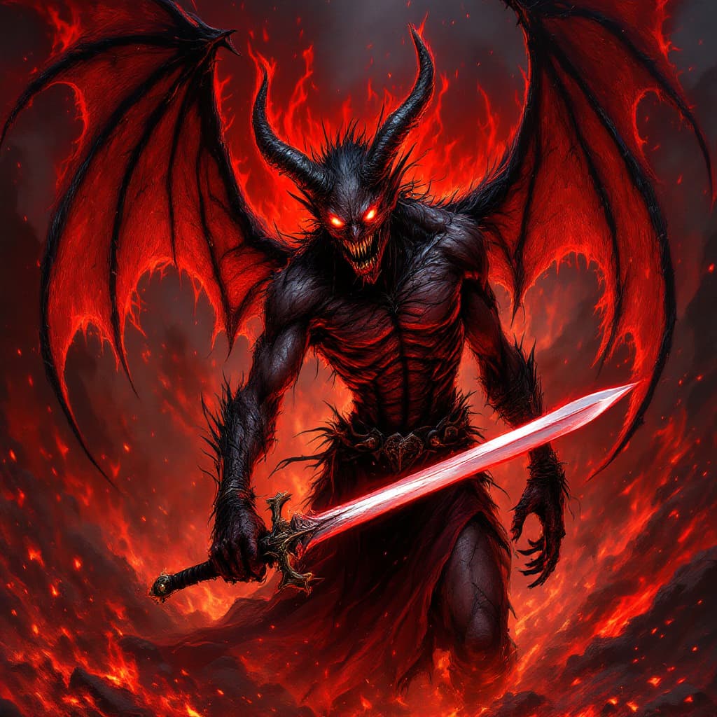 AI generated: erotic demon,very angry ,glowing eyes,with a sword,in hell,wings