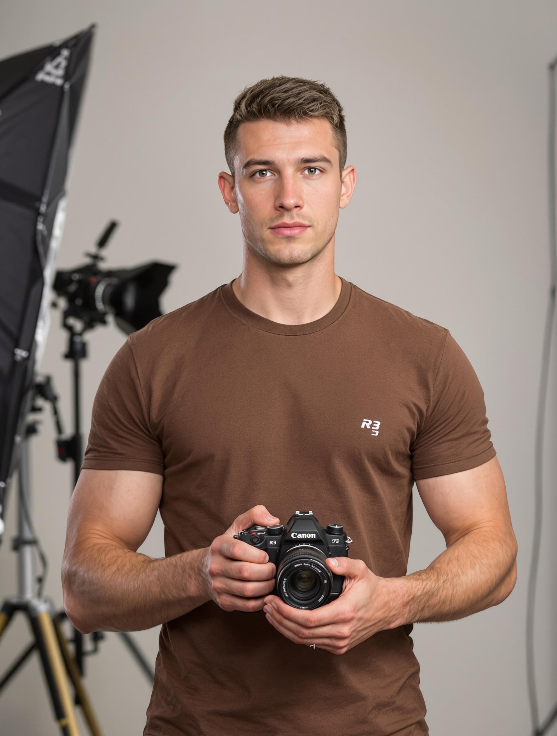 AI generated: create an image of a 25 year old photographer wearing a brown t-shirt, short haircut, athletic build...