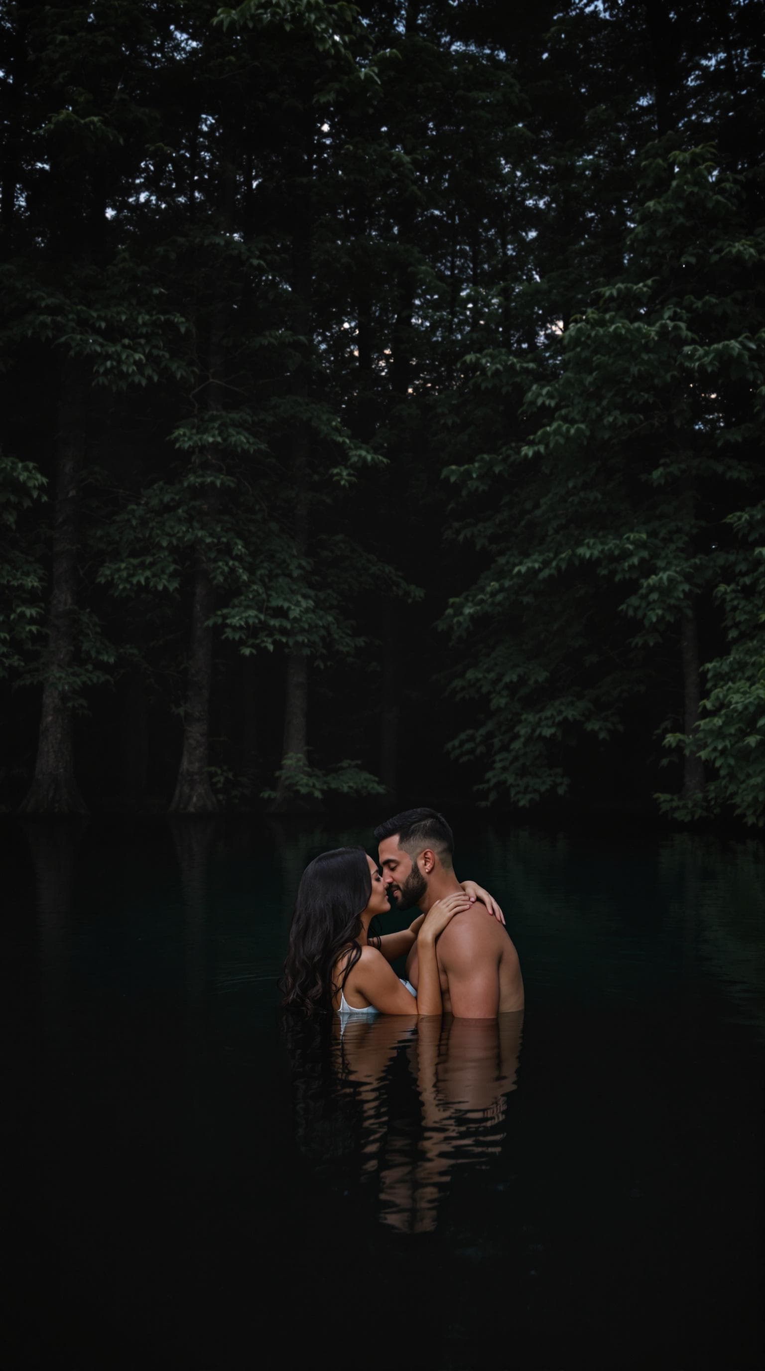 AI generated: IMG_1256.jpg: A high-resolution photograph of a couple in their mid-20s embracing in a tranquil fore...