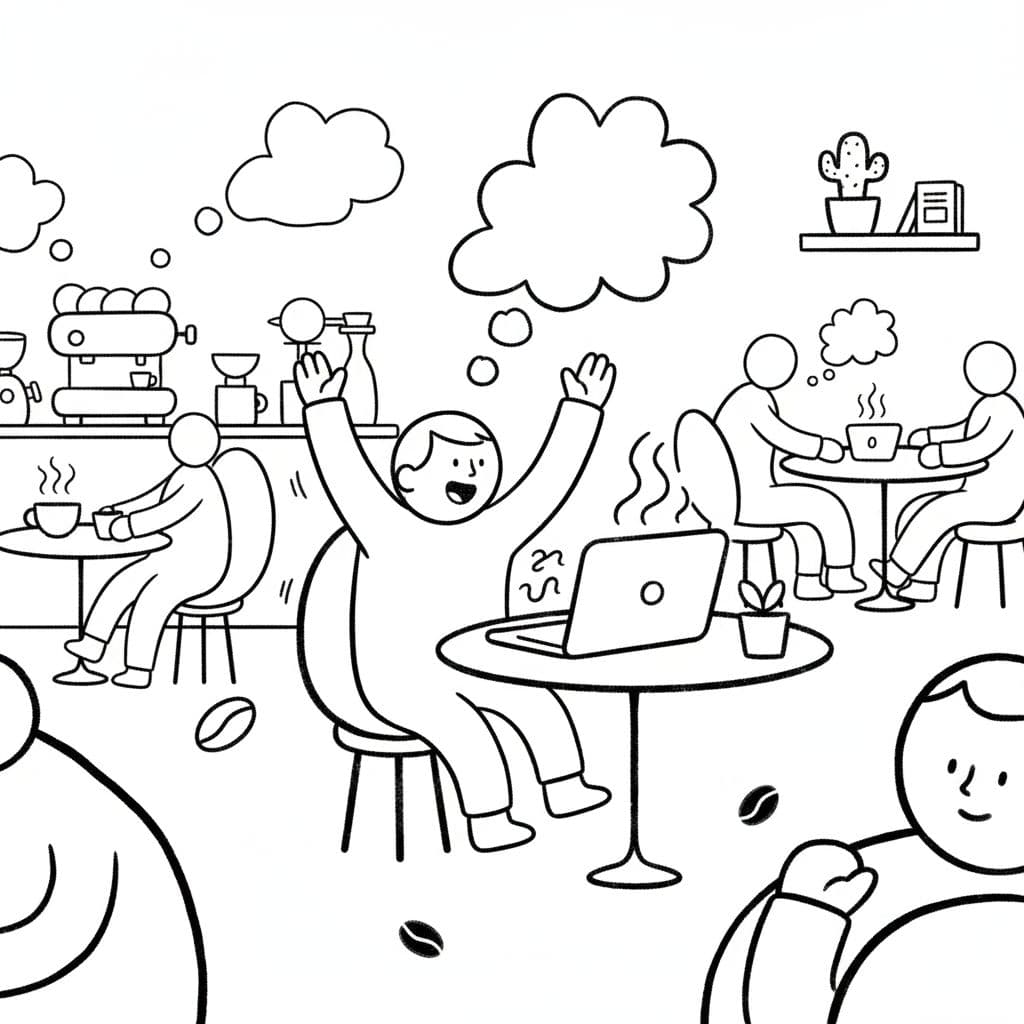 AI generated: Playful abstract black-and-white illustration of a freelancer working at coffee shop
, thick uneven...
