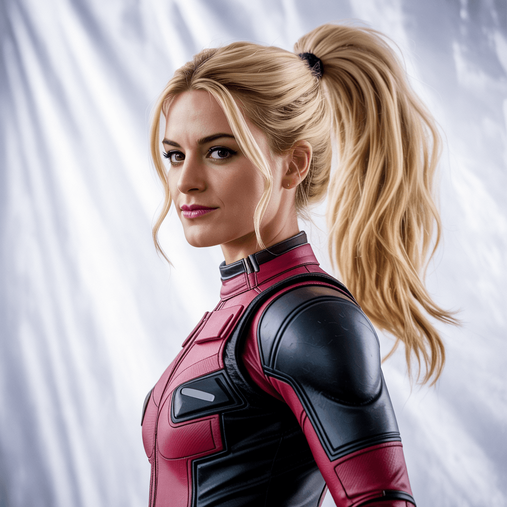AI generated: CLARA GALLE BE A LADY DEADPOOL FROM MARVEL 
BLONDE PONYTAILED,  LONG , white background 