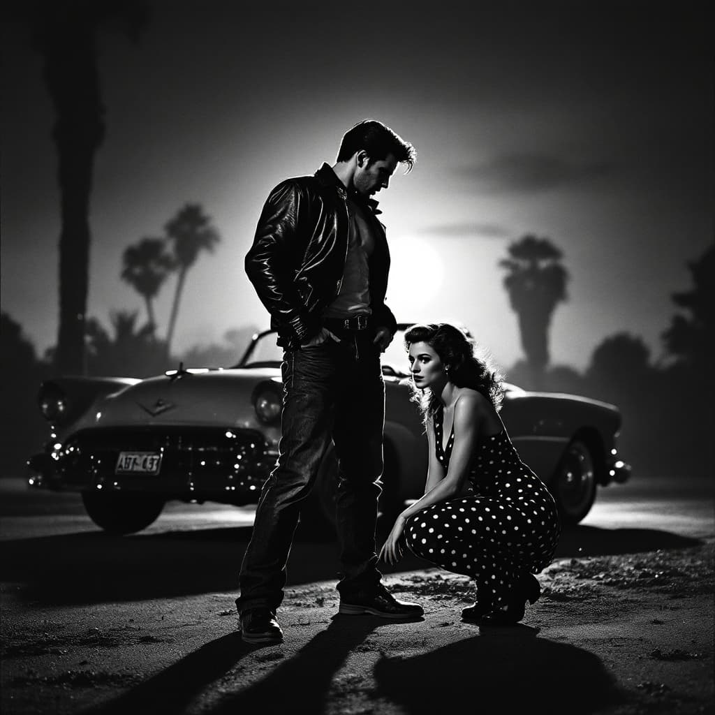 AI generated: "Depict a dramatic black-and-white 1950s action movie scene, photographed in the style of vintage fi...