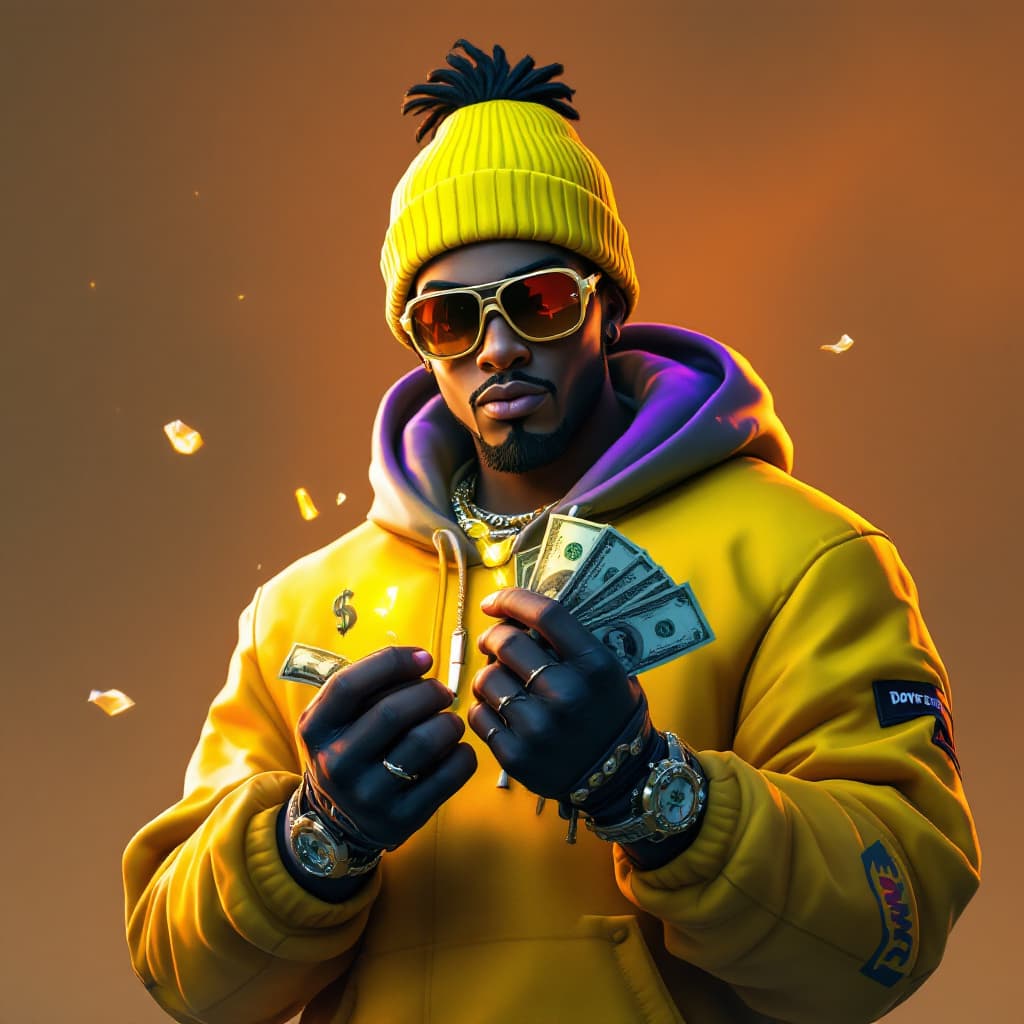 AI generated: dave blunts, a swag black rapper as fortnite character holding dollars, orange yellow neon
