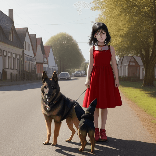 AI generated: A german shepherd dog stands on a street in a rural town. Next to the dog is a two-year old girl wit...