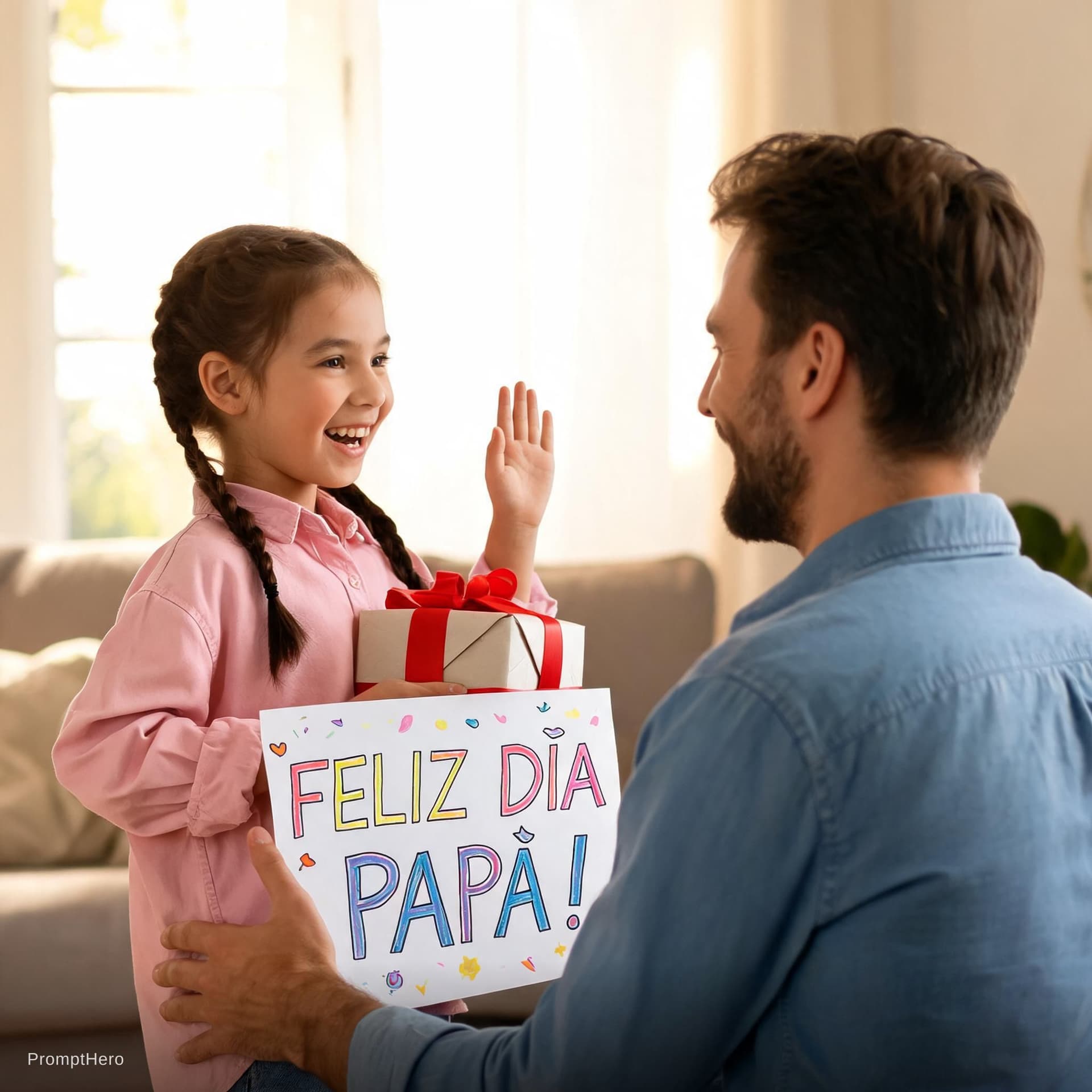 AI generated: Una niña saludando a su padre por su día 