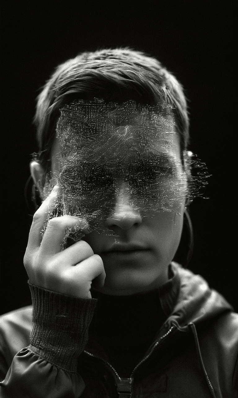 AI generated: black and white photography,  a portrait of man is studio with neural network on his eyes, highres, ...