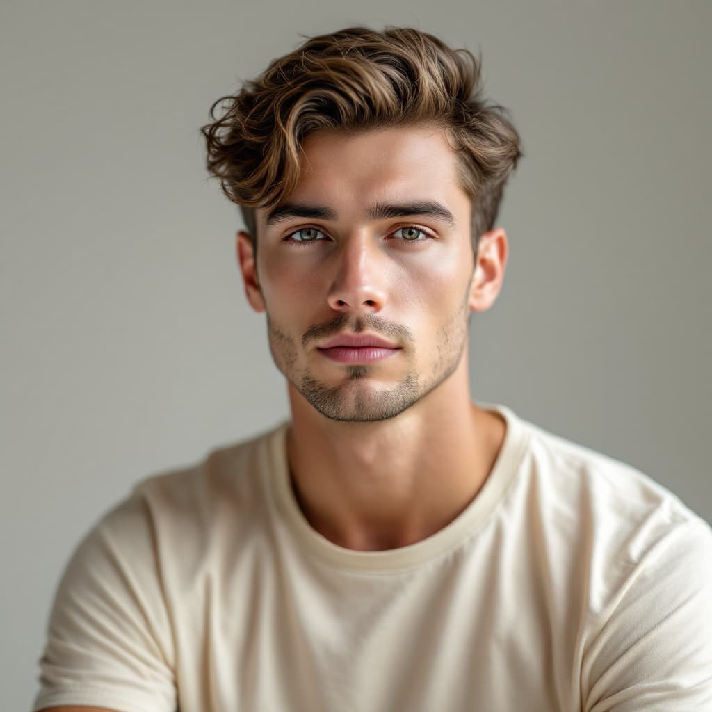 AI generated: Head-and-shoulders studio shot of a 27-year-old white American man, pale skin, wavy medium-brown hai...