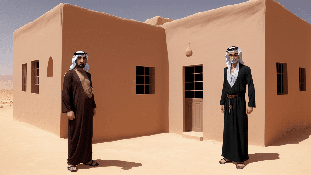 AI generated: arabic man, mysterious, standing infront of his old house in the desert, anime style
