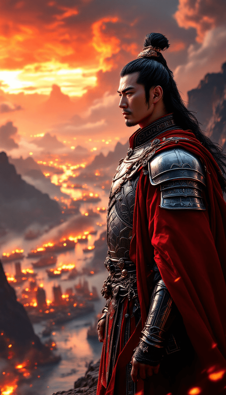 AI generated: A legendary Chinese general standing on a high cliff above the Yangtze River during the Battle of Re...