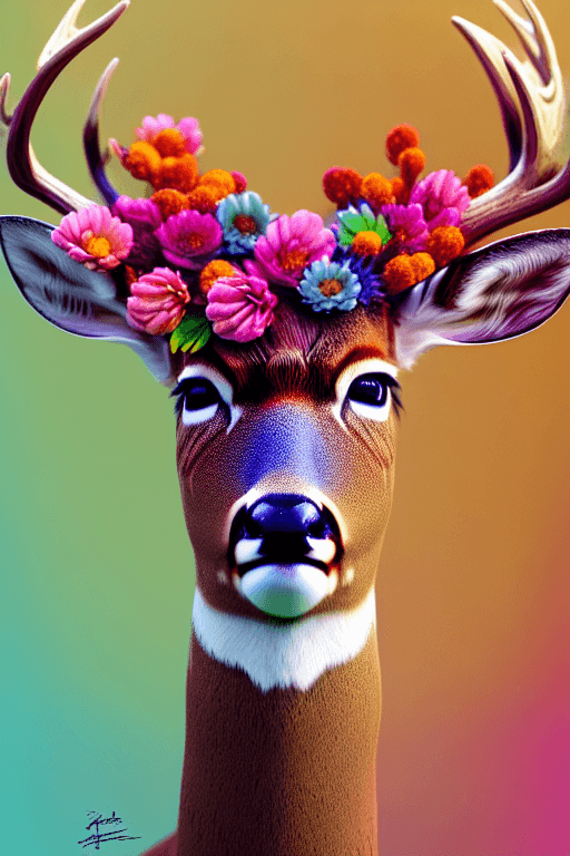 AI generated: a beautiful portrait of realistic deer, colorfull very many small flower headpiece, symmetrical, clo...