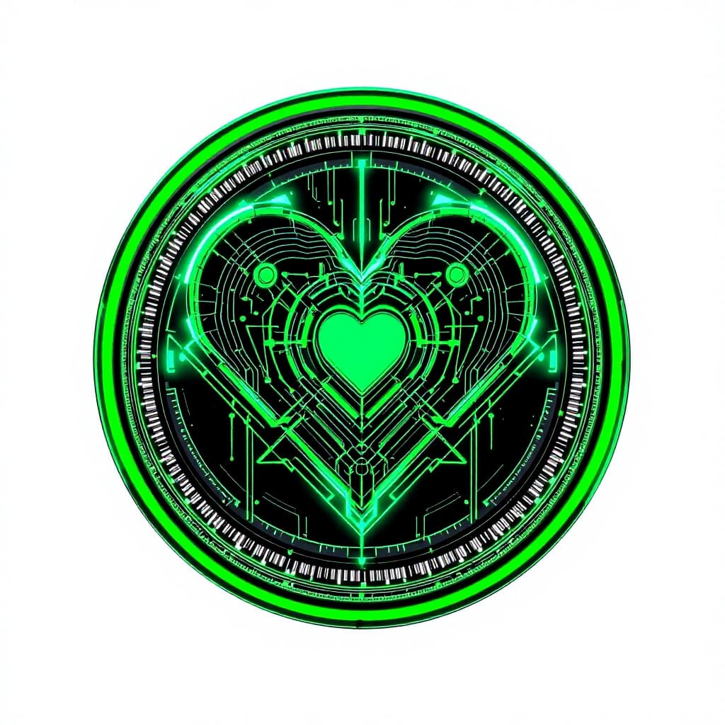 AI generated: A cyber punk unique heart emblem in green a circle on a white background