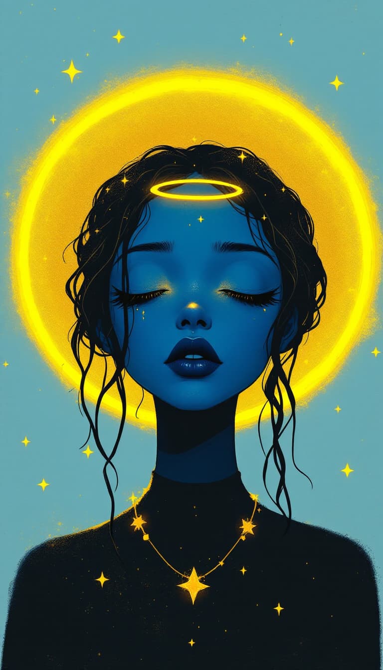 AI generated: a blue girl with gold angel halo head, in the style of neon realism, darkly romantic illustrations, ...