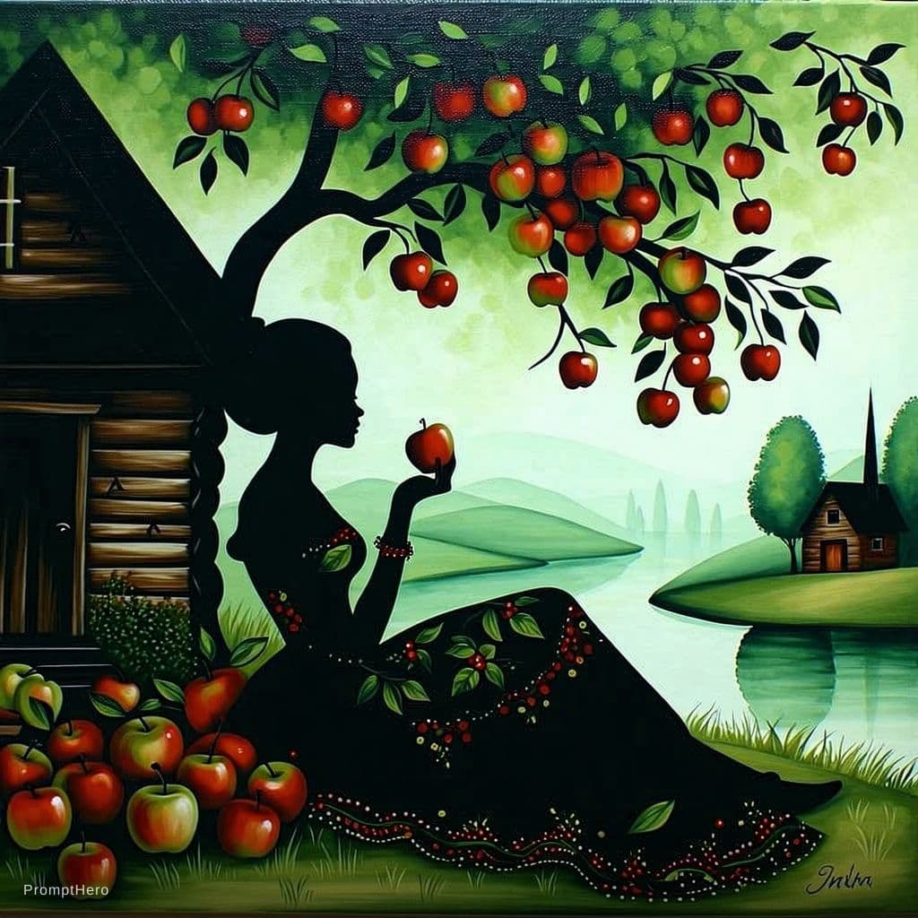 AI generated: A serene oil paint image of a naked woman eating apples under a tree bear a wooden cabin and river.