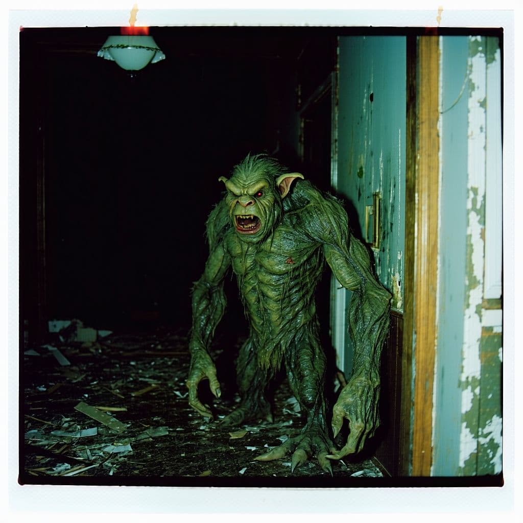 AI generated: grainy 80's photograph quality polaroid of a bogtroll caught in an abandoned house, dark