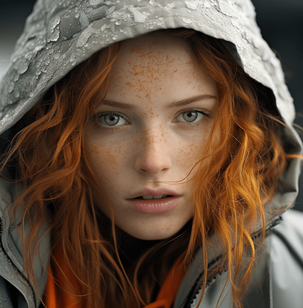 AI generated: a woman with freckles looks out into the world, in the style of vray, white and orange, warmcore, ph...