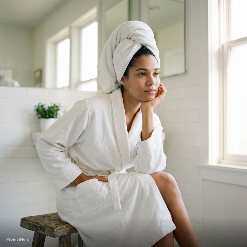 AI generated: create another image of the same model with the towel posing differently
