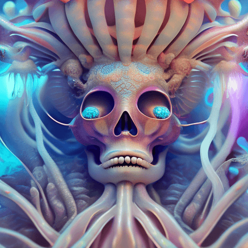 AI generated: Goddess close-up portrait ribcagel. jellyfish phoenix head, nautilus, orchid, skull, betta fish, bio...