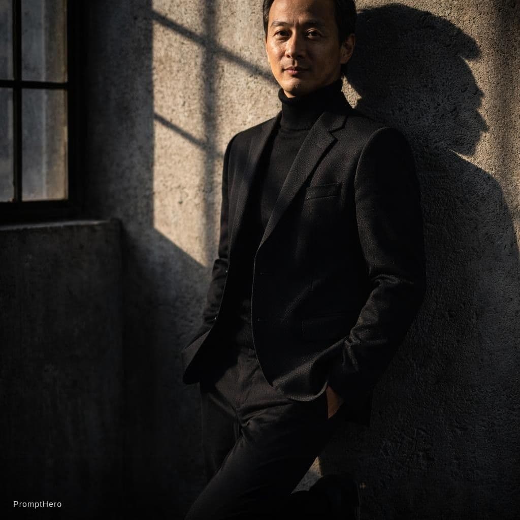 AI generated: this as A man in a tailored black
blazer and turtleneck stands against a
concrete wall. One foot u...