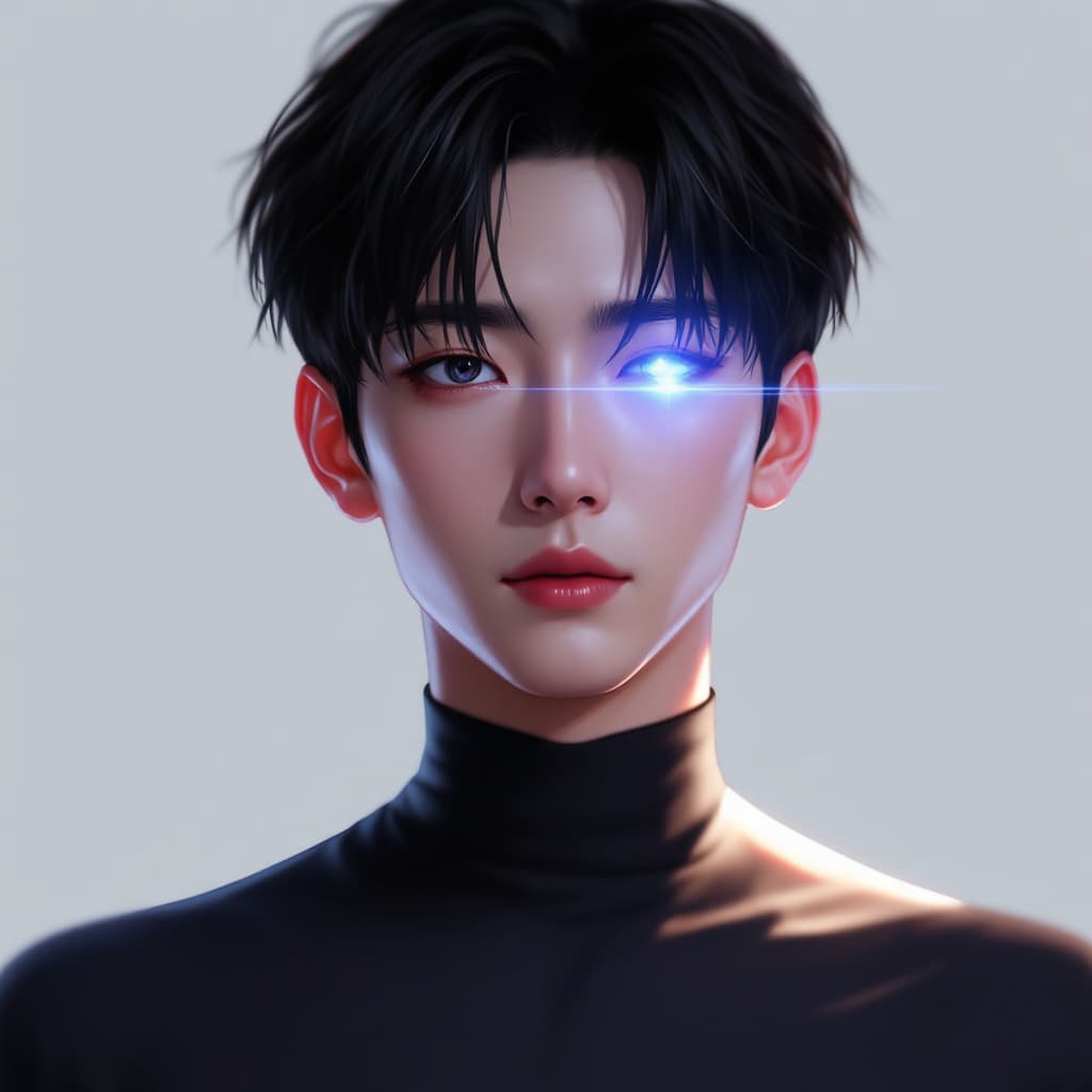 AI generated: Sung Jinwoo, Solo leveling manhwa,webtoon, right eye blur glow, symmetrical body, portrait, cinemati...
