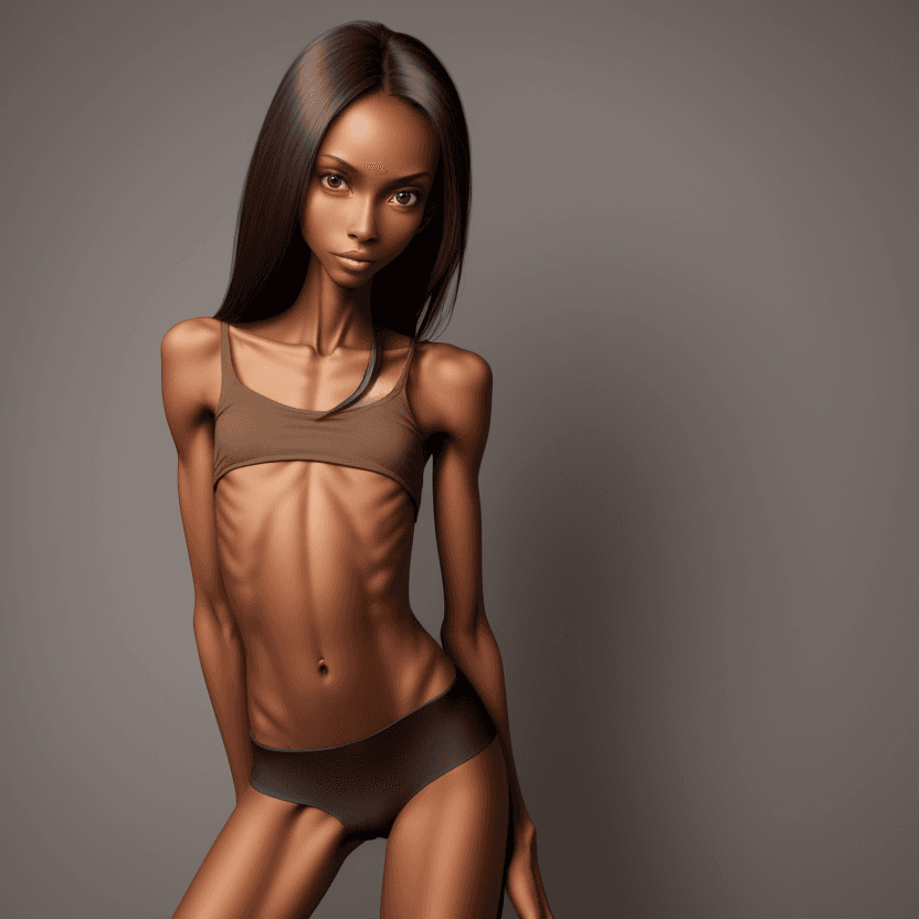 AI generated: extreme beautiful skinny brown skinned  slender face of skinny (almost anorexic) girl without a bra ...