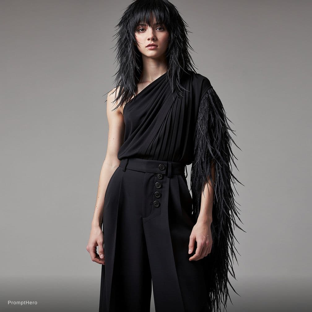 AI generated: A teen with a very long, black feathered cut, a black Grecian top, with sailor pants.