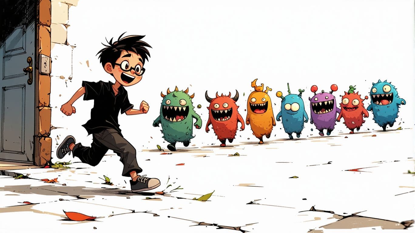 AI generated: "A cartoon-style boy running and looking back, with a humorous expression, laughing with a face of s...