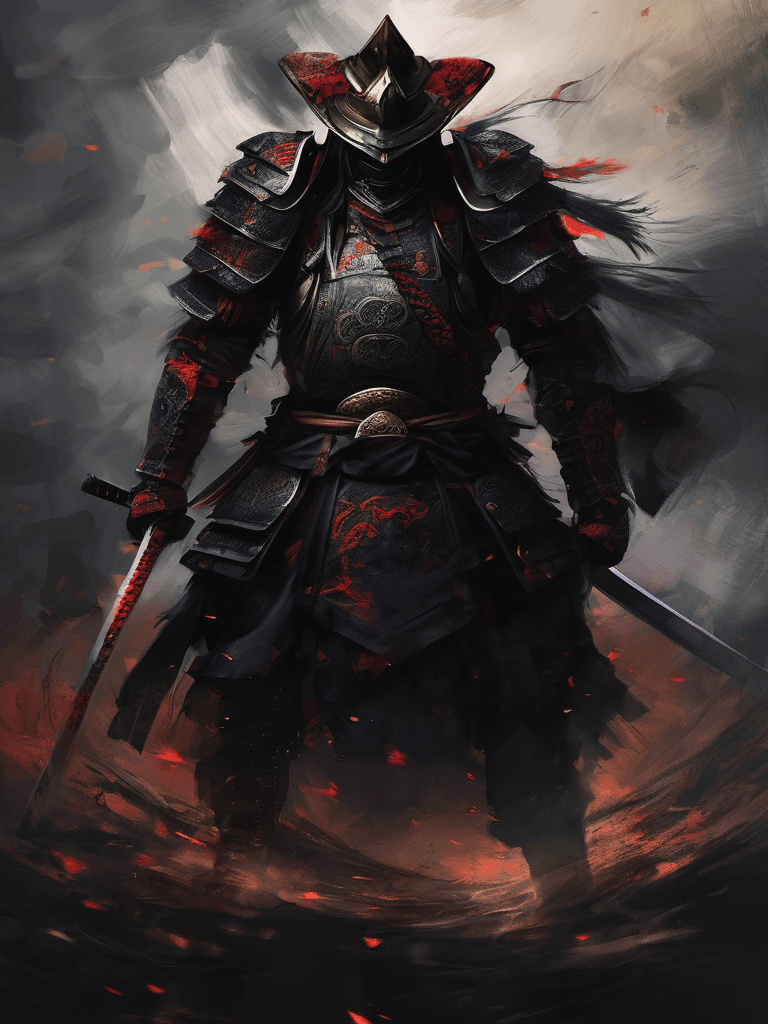 AI generated: a broken but unstoppable legendary samurai in full battle gear, extremely heart-wrenching compositio...
