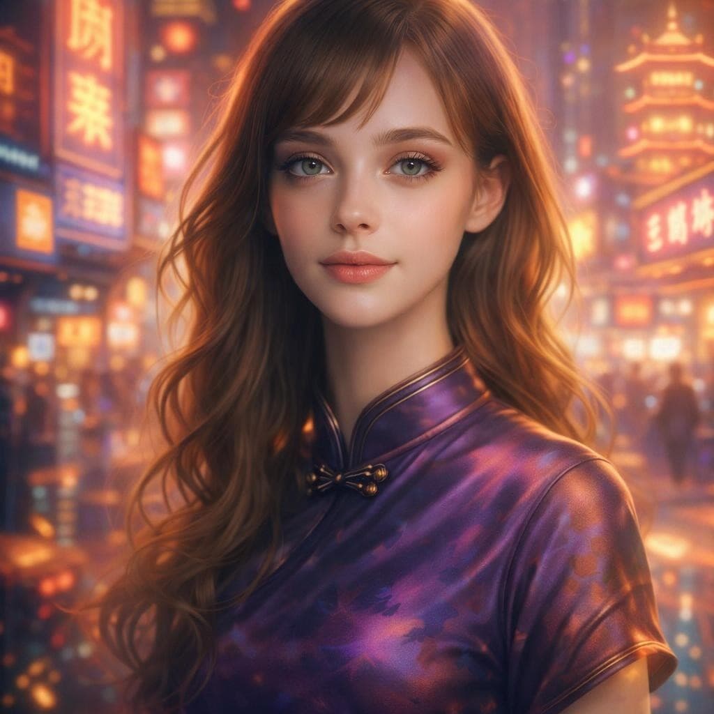 AI generated: a girl in a purple top in a neon city, in the style of chinapunk, iconic album covers, soft-focus po...